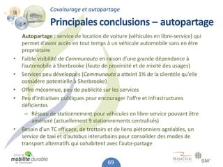 Covoiturage et autopartage

                Principales conclusions – autopartage
    Autopartage : service de location de voiture (véhicules en libre-service) qui
    permet d’avoir accès en tout temps à un véhicule automobile sans en être
    propriétaire
•   Faible visibilité de Communauto en raison d’une grande dépendance à
    l’automobile à Sherbrooke (faute de proximité et de mixité des usages)
•   Services peu développés (Communauto a atteint 1% de la clientèle qu’elle
    considère potentielle à Sherbrooke)
•   Offre méconnue, peu de publicité sur les services
•   Peu d'initiatives publiques pour encourager l'offre et infrastructures
    déficientes
      – Réseau de stationnement pour véhicules en libre-service pouvant être
         amélioré (actuellement 9 stationnements centralisés)
•   Besoin d’un TC efficace, de trottoirs et de liens piétonniers agréables, un
    service de taxi et d’autobus interurbains pour consolider des modes de
    transport alternatifs qui cohabitent avec l’auto-partage


                                        69
 