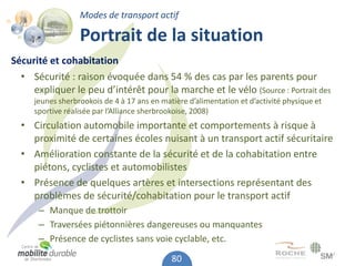 Modes de transport actif

                  Portrait de la situation
Sécurité et cohabitation
  • Sécurité : raison évoquée dans 54 % des cas par les parents pour
     expliquer le peu d’intérêt pour la marche et le vélo (Source : Portrait des
     jeunes sherbrookois de 4 à 17 ans en matière d’alimentation et d’activité physique et
     sportive réalisée par l’Alliance sherbrookoise, 2008)
  • Circulation automobile importante et comportements à risque à
    proximité de certaines écoles nuisant à un transport actif sécuritaire
  • Amélioration constante de la sécurité et de la cohabitation entre
    piétons, cyclistes et automobilistes
  • Présence de quelques artères et intersections représentant des
    problèmes de sécurité/cohabitation pour le transport actif
      – Manque de trottoir
      – Traversées piétonnières dangereuses ou manquantes
      – Présence de cyclistes sans voie cyclable, etc.

                                             80
 