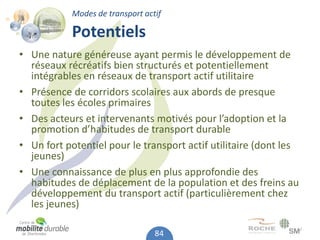 Modes de transport actif

            Potentiels
• Une nature généreuse ayant permis le développement de
  réseaux récréatifs bien structurés et potentiellement
  intégrables en réseaux de transport actif utilitaire
• Présence de corridors scolaires aux abords de presque
  toutes les écoles primaires
• Des acteurs et intervenants motivés pour l’adoption et la
  promotion d’habitudes de transport durable
• Un fort potentiel pour le transport actif utilitaire (dont les
  jeunes)
• Une connaissance de plus en plus approfondie des
  habitudes de déplacement de la population et des freins au
  développement du transport actif (particulièrement chez
  les jeunes)

                                  84
 