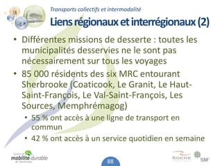 Transports collectifs et intermodalité

         Liens régionaux et interrégionaux (2)
• Différentes missions de desserte : toutes les
  municipalités desservies ne le sont pas
  nécessairement sur tous les voyages
• 85 000 résidents des six MRC entourant
  Sherbrooke (Coaticook, Le Granit, Le Haut-
  Saint-François, Le Val-Saint-François, Les
  Sources, Memphrémagog)
  • 55 % ont accès à une ligne de transport en
    commun
  • 42 % ont accès à un service quotidien en semaine

                                88
 