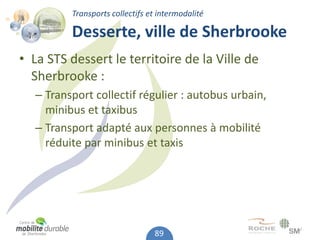 Transports collectifs et intermodalité

          Desserte, ville de Sherbrooke
• La STS dessert le territoire de la Ville de
  Sherbrooke :
   – Transport collectif régulier : autobus urbain,
     minibus et taxibus
   – Transport adapté aux personnes à mobilité
     réduite par minibus et taxis




                                 89
 