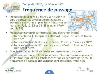 Transports collectifs et intermodalité

              Fréquence de passage
• Fréquence des lignes du réseau varie selon le
  type de desserte, la vocation des lignes et la
  période de la journée : plus forte fréquence sur
  les lignes 7, 8, 11, 12 et 16 (13 min. en PPAM
  pour la 11)
• Fréquence moyenne par tronçons (doubleurs non inclus) :
    – Entre la station du Campus et la station du Dépôt : 18 min. et 14 min.
      en PPAM
    – Entre le Carrefour de l’Estrie et le Cégep : 23 min. et 16 min. en PPPM
    – Entre le Carrefour de l’Estrie et la station du Dépôt : 19 min. et 16 min.
      en PPAM et PPPM
• Doubleurs : ajout de 24 véhicules sur la route en pointe AM
• Fréquence moyenne relevée pour l’ensemble du réseau, cependant,
  sur les tronçons les plus achalandés et sur les périodes de pointe, les
  fréquences de passage des autobus sont très concurrentielles


                                      96
 