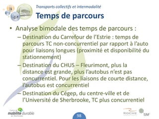 Transports collectifs et intermodalité

         Temps de parcours
• Analyse bimodale des temps de parcours :
  – Destination du Carrefour de l’Estrie : temps de
    parcours TC non-concurrentiel par rapport à l’auto
    pour liaisons longues (proximité et disponibilité du
    stationnement)
  – Destination du CHUS – Fleurimont, plus la
    distance est grande, plus l’autobus n’est pas
    concurrentiel. Pour les liaisons de courte distance,
    l’autobus est concurrentiel
  – Destination du Cégep, du centre-ville et de
    l’Université de Sherbrooke, TC plus concurrentiel

                                98
 