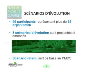 SCÉNARIOS D’ÉVOLUTION
• 40 participants représentant plus de 35
  organismes

• 3 scénarios d’évolution sont présentés et
  amendés




• Scénario retenu sert de base au PMDS

                        4
 