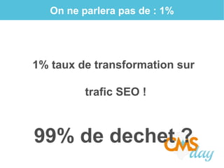 On ne parlera pas de : 1%
1% taux de transformation sur
trafic SEO !
99% de dechet ?
 
