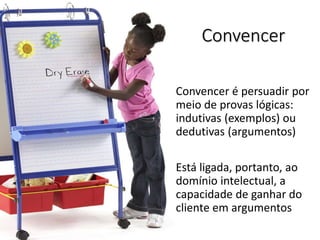 Convencer
Convencer é persuadir por
meio de provas lógicas:
indutivas (exemplos) ou
dedutivas (argumentos)
Está ligada, portanto, ao
domínio intelectual, a
capacidade de ganhar do
cliente em argumentos
 