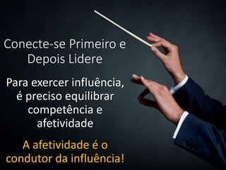 Conecte-se Primeiro e
Depois Lidere
Para exercer influência,
é preciso equilibrar
competência e
afetividade
A afetividade é o
condutor da influência!
 
