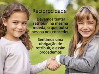 Reciprocidade
Devemos tentar
retribuir, na mesma
moeda, o que outra
pessoa nos concedeu
Sentimos uma
obrigação de
retribuir, e assim
procedemos
 