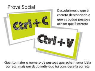 Prova Social
Quanto maior o numero de pessoas que acham uma ideia
correta, mais um dado indivíduo irá considera-la correta
Descobrimos o que é
correto descobrindo o
que as outras pessoas
acham que é correto
 