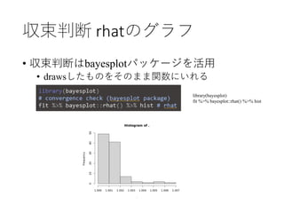 収束判断 rhatのグラフ
• 収束判断はbayesplotパッケージを活用
• drawsしたものをそのまま関数にいれる
library(bayesplot)
fit %>% bayesplot::rhat() %>% hist
 