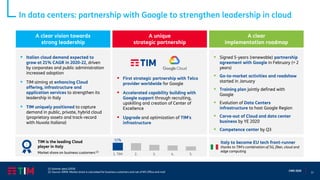 17
CMD 2020
In data centers: partnership with Google to strengthen leadership in cloud
(1) Gartner data (2019)
(2) Source: SIRMI. Market share is calculated for business customers and net of MS Office and mail
A clear vision towards
strong leadership
▪ Italian cloud demand expected to
grow at 21% CAGR in 2020-22, driven
by corporates and public administration
increased adoption
▪ TIM aiming at enhancing Cloud
offering, infrastructure and
application services to strengthen its
leadership in Italy
▪ TIM uniquely positioned to capture
demand in public, private, hybrid cloud
(proprietary assets and track-record
with Nuvola Italiana)
A unique
strategic partnership
A clear
implementation roadmap
▪ Signed 5-years (renewable) partnership
agreement with Google in February (+ 2
years)
▪ Go-to-market activities and roadshow
started in January
▪ Training plan jointly defined with
Google
▪ Evolution of Data Centers
infrastructure to host Google Region
▪ Carve-out of Cloud and data center
business by YE 2020
▪ Competence center by Q3
▪ First strategic partnership with Telco
provider worldwide for Google
▪ Accelerated capability building with
Google support through recruiting,
upskilling and creation of Center of
Excellence
▪ Upgrade and optimization of TIM's
infrastructure
Italy to become EU tech front-runner
thanks to TIM’s combination of 5G, fiber, cloud and
edge computing
TIM is the leading Cloud
player in Italy
Market share on business customers (2)
11%
1. TIM 2. 3. 4. 5.
 