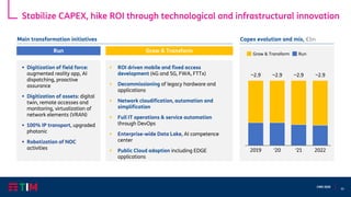 30
CMD 2020
Stabilize CAPEX, hike ROI through technological and infrastructural innovation
2019 ‘20 ‘21 2022
Capex evolution and mix, €bn
Grow & Transform Run
Main transformation initiatives
Run Grow & Transform
▪ Digitization of field force:
augmented reality app, AI
dispatching, proactive
assurance
▪ Digitization of assets: digital
twin, remote accesses and
monitoring, virtualization of
network elements (VRAN)
▪ 100% IP transport, upgraded
photonic
▪ Robotization of NOC
activities
▪ ROI driven mobile and fixed access
development (4G and 5G, FWA, FTTx)
▪ Decommissioning of legacy hardware and
applications
▪ Network cloudification, automation and
simplification
▪ Full IT operations & service automation
through DevOps
▪ Enterprise-wide Data Lake, AI competence
center
▪ Public Cloud adoption including EDGE
applications
~2.9 ~2.9 ~2.9 ~2.9
 