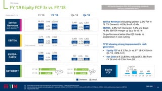 46
CMD 2020
397 430
1,494 1,424
1,883 1,852
1,430 1,528
6,362 6,041
7,774 7,560
FY ’19 Equity FCF 3x vs. FY ‘18
FY ’18 FY ’19 Q4 ’18
Equity
FCF 578
1,721
357 491
Q4 ’18 Q4 ’19FY ’18 FY ’19
Q4 ’19
(1) Excluding exchange rate fluctuations & non recurring items. Capex excluding licenses
(2) Service revenues growth excluding Sparkle’s revenues (€ 934m in FY’19, o/w € 237m in Q4 and € 1,287m in FY’18, o/w € 355m in Q4), without any impact on EBITDA
(3) Adjusted Net Debt
Organic data (1), € m
Service
Revenues
excl. Sparkle (2)
EBITDA
3,671 3,760
12,372 11,879
16,021 15,608
-4.0%
-2.6%
+2.4%
-2.8%
-5.0%
+6.8%
% on revenues 41.1% 42.1%
926 956
3,069 2,888
3,987 3,834
-5.9%
-3.8%
+3.2%
-4.7%
-1.6%
38.6% 40.8%
Domestic Brazil
NET DEBT(3)
23,839
25,270
FY '19
FY '18
23,839
24,312
Q4' 19
Q3' 19
-1,431 -473
EBITDA-
CAPEX
562 656
3,244 3,129
3,788 3,776-0.3%
-3.5%
+16.5% 92 135
263 211
347 344-0.9%
-19.8%
+43.1%
+8.3%
Equity
FCF
~3x
Service Revenues excluding Sparkle -2.6% YoY in
FY ‘19: Domestic -4.0%; Brazil +2.4%
EBITDA -2.8% YoY: Domestic -5.0% and Brazil
+6.8%. EBITDA margin up 1p.p. to 42.1%
Q4 performance better than Q3 thanks to
acceleration in cost cutting
FY’19 showing strong improvement in cash
generation:
▪ Equity FCF at € 1.7bn, 3x vs. FY’ 18 (€ 491m in
Q4 ’19, +38% YoY)
▪ Net Debt at € 23,839m, reduced € 1.4bn from
FY ‘18 and ~€ 0.5bn from Q3
All figures based on IFRS 9/15 accounting standards
and on a comparable basis
TIM Group
 