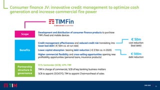 52
CMD 2020
Consumer finance JV: innovative credit management to optimize cash
generation and increase commercial fire power
Credit management effectiveness and reduced credit risk translating into
lower bad debt (-€ 50m ca. at run rate)
Lower capital absorption bearing debt reduction (-€ 0.5bn ca. in 2020)
Higher commercial flexibility and cross-selling opportunities opening new
profitability opportunities (personal loans, insurance products)
Benefits
Partnership
structure &
governance
51% Santander (SCB), 49% TIM
TIM in charge of commercial, SCB of key banking business matters
SCB to appoint CEO/CFO, TIM to appoint Chairman/head of sales
Development and distribution of consumer finance products to purchase
TIM’s fixed and mobile devicesScope
€ 50m
cost reduction
(bad debt)
€ 500m
debt reduction
 