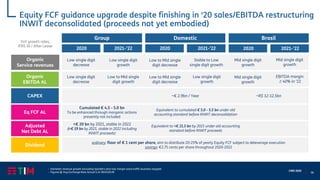58
CMD 2020
- Domestic revenue growth excluding Sparkle’s zero-low margin voice traffic business stopped
- Figures @ Avg Exchange Rate Actual 4,41 REAIS/EUR
Organic
Service revenues
Low single digit
decrease
Low single digit
growth
Low to Mid single
digit decrease
Stable to Low
single digit growth
Mid single digit
growth
Mid single digit
growth
CAPEX ~€ 2.9bn / Year ~R$ 12-12.5bn
Eq FCF AL
Cumulated € 4.5 - 5.0 bn
To be enhanced through inorganic actions
presently not included
Adjusted
Net Debt AL
YoY growth rates,
IFRS 16 / After Lease
2020
Group Domestic Brasil
2021-’22 2020 2021-’22 2020 2021-’22
Organic
EBITDA AL
Mid single digit
growth
Low single digit
decrease
Low to Mid single
digit decrease
Low to Mid single
digit growth
Low single digit
growth
EBITDA margin
≥ 40% in ‘22
Equivalent to cumulated € 5.0 - 5.5 bn under old
accounting standard before INWIT deconsolidation
Equivalent to <€ 21.5 bn by 2021 under old accounting
standard before INWIT proceeds
Dividend
<€ 20 bn by 2021, stable in 2022
(<€ 19 bn by 2021, stable in 2022 including
INWIT proceeds)
ordinary: floor of € 1 cent per share, aim to distribute 20-25% of yearly Equity FCF subject to deleverage execution
savings: €2.75 cents per share throughout 2020-2022
Equity FCF guidance upgrade despite finishing in ‘20 sales/EBITDA restructuring
INWIT deconsolidated (proceeds not yet embodied)
 