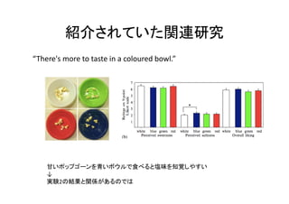紹介されていた関連研究
“There's more to taste in a coloured bowl.”

甘いポップゴーンを青いボウルで食べると塩味を知覚しやすい
↓
実験2の結果と関係があるのでは

 