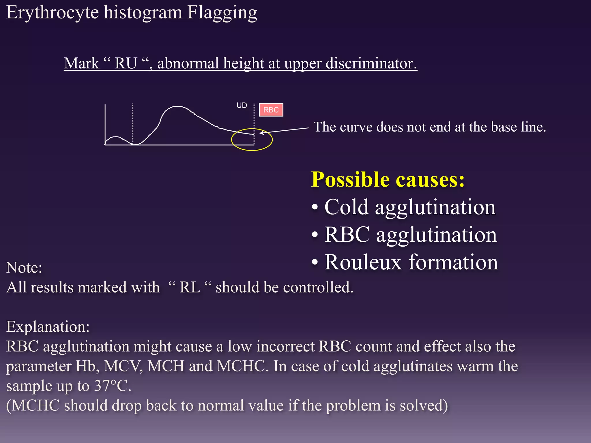 Erythrocyte histogram Flagging
Note:
All results marked with “ RL “ should be controlled.
Explanation:
RBC agglutination might cause a low incorrect RBC count and effect also the
parameter Hb, MCV, MCH and MCHC. In case of cold agglutinates warm the
sample up to 37°C.
(MCHC should drop back to normal value if the problem is solved)
Mark “ RU “, abnormal height at upper discriminator.
UD
RBC
The curve does not end at the base line.
UD
RBC
Possible causes:
• Cold agglutination
• RBC agglutination
• Rouleux formation
 