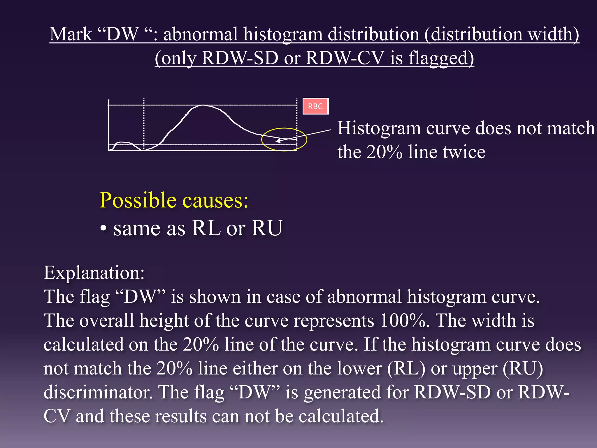 Mark “DW “: abnormal histogram distribution (distribution width)
(only RDW-SD or RDW-CV is flagged)
RBCRBC
Explanation:
The flag “DW” is shown in case of abnormal histogram curve.
The overall height of the curve represents 100%. The width is
calculated on the 20% line of the curve. If the histogram curve does
not match the 20% line either on the lower (RL) or upper (RU)
discriminator. The flag “DW” is generated for RDW-SD or RDW-
CV and these results can not be calculated.
Possible causes:
• same as RL or RU
Histogram curve does not match
the 20% line twice
 