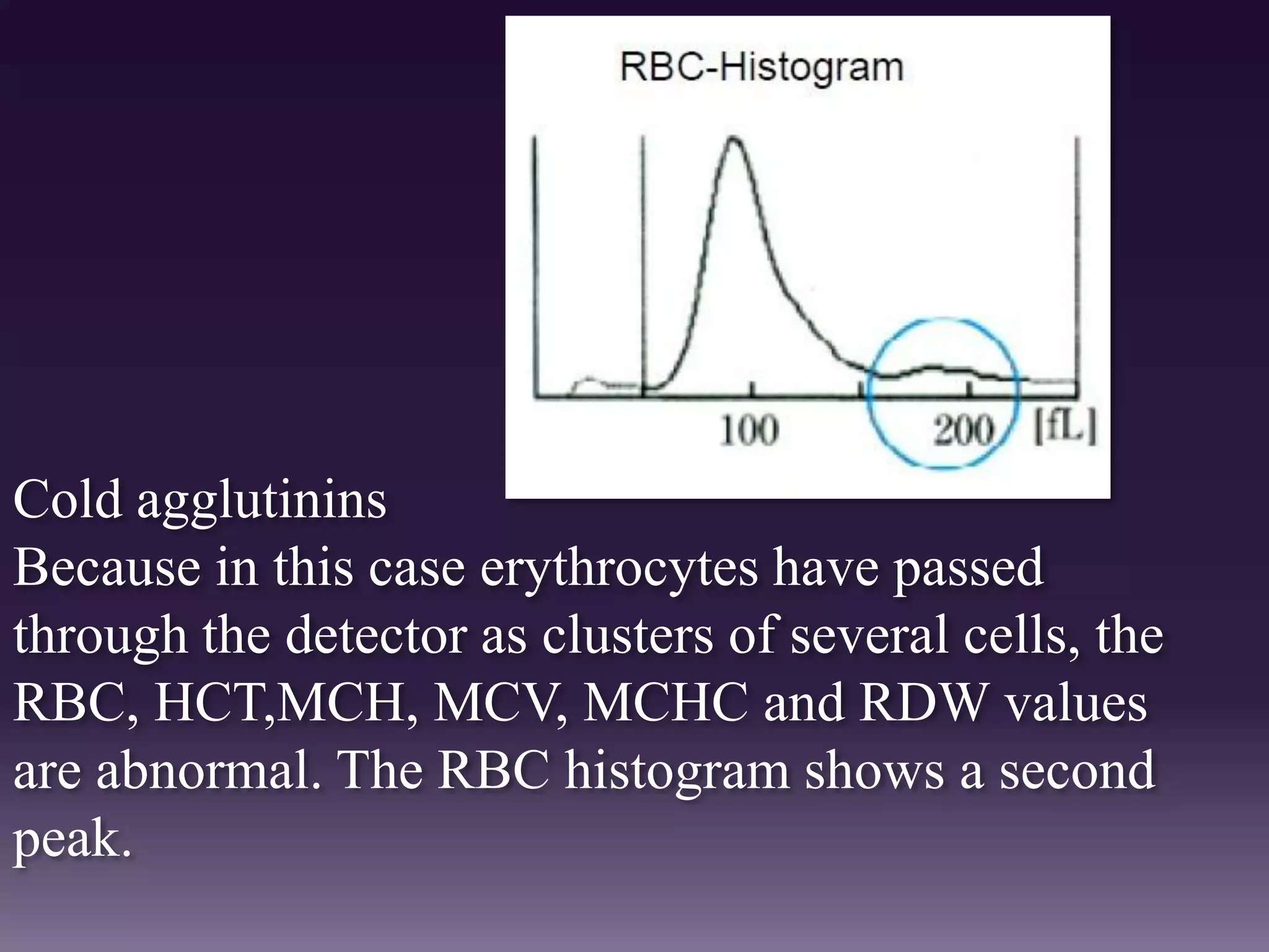 Cold agglutinins
Because in this case erythrocytes have passed
through the detector as clusters of several cells, the
RBC, HCT,MCH, MCV, MCHC and RDW values
are abnormal. The RBC histogram shows a second
peak.
 