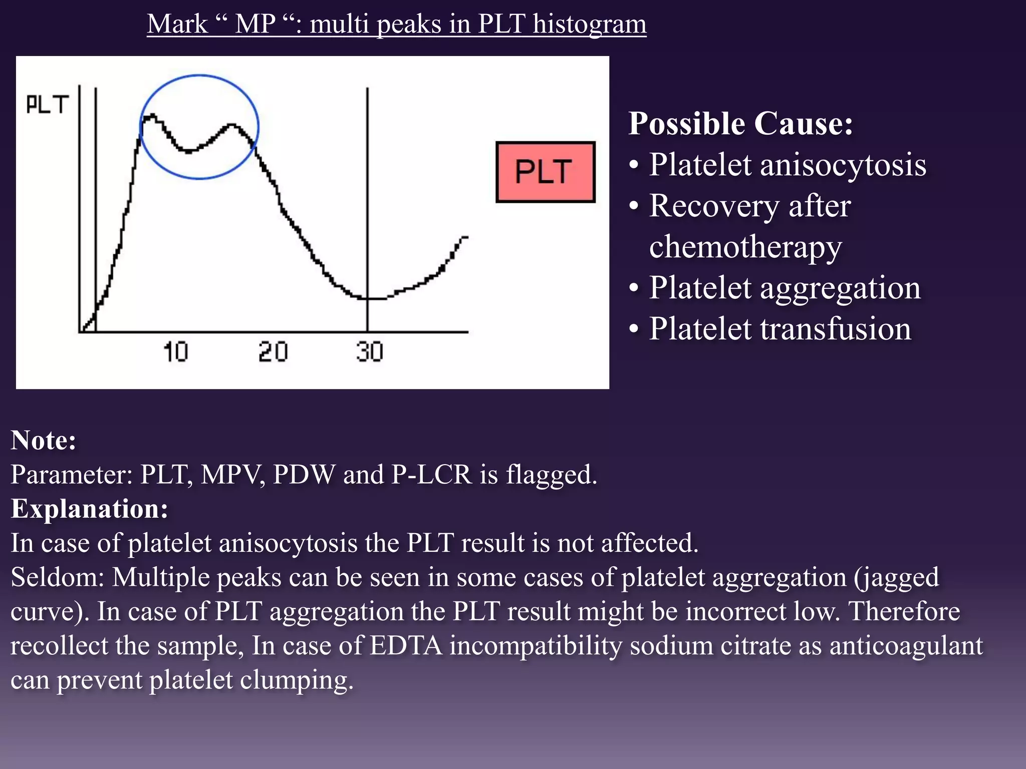 Possible Cause:
• Platelet anisocytosis
• Recovery after
chemotherapy
• Platelet aggregation
• Platelet transfusion
Mark “ MP “: multi peaks in PLT histogram
Note:
Parameter: PLT, MPV, PDW and P-LCR is flagged.
Explanation:
In case of platelet anisocytosis the PLT result is not affected.
Seldom: Multiple peaks can be seen in some cases of platelet aggregation (jagged
curve). In case of PLT aggregation the PLT result might be incorrect low. Therefore
recollect the sample, In case of EDTA incompatibility sodium citrate as anticoagulant
can prevent platelet clumping.
 