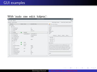 GUI examples
With ’sudo cme edit lcdproc’:
Dominique Dumont cme: Check or edit conﬁguration ﬁles
 