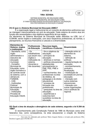 30
ANEXO - II
TIRA DÚVIDA:
SISTEMA MUNICIPAL DE EDUCAÇÃO (SME)
CONSELHO MUNICIPAL DE EDUCAÇÃO (CME)
E FUNDO DE MANUTENÇÃO DA EDUCAÇÃO BÁSICA E VALORIZAÇÃO
DOS PROFISSIONAIS DA EDUCAÇÃO (FUNDEB)2
01) O que é o Sistema Municipal de Educação (SME)?
É a organização legal e institucional de um conjunto de elementos autônomos que
se interagem intencionalmente em prol da educação. Cada sistema de ensino atua em
função das necessidades e dos objetivos específicos de sua região.
Os elementos do Sistema Municipal de Educação estão definidos na LDB, Lei n°
9.394/96, sendo órgãos e instituições, com seus respectivos profissionais, as normas, o
planejamento, os recursos financeiros e culturais e a dinamicidade.
Elementos do
Sistema: órgãos
e instituições
Profissionais
da Educação
Recursos legais,
científicos e Culturais
Dinamicidade
- Secretaria, como
órgão
administrativo e
executivo da
educação
municipal;
- Conselho
Municipal da
Educação, como
órgão normativo e
de controle social
do sistema, com a
câmara do
FUNDEB;
- CAE;
- Instituições
Públicas
Municipais de
Educação;
- Instituições
Privadas de
Educação Infantil.
- Os
trabalhadores
que atuam nos
órgãos e
instituições do
sistema.
(docentes e
não docentes)
- fins e objetivos da
educação;
- princípios da
educação;
- diretrizes e normas;
- políticas educacionais
estabelecidas
principalmente no
PNE, PEE, PME e
PPP;
* conhecimentos dos
profissionais na área
da didática, da
pedagogia e do direito
educacional.
* processo de
formação dos
profissionais;
* pesquisas na área da
educação;
. experiências e
costumes bem
sucedidos na área da
educação.
- interação entre os
elementos do
sistema;
- definição de
políticas;
- regulamentação da
educação;
- acompanhamento,
controle e
fiscalização;
- mobilização da
sociedade em prol da
educação;
- interação com
outros sistemas
educacionais;
- interação com
outras organizações
civis e públicas da
regional.
02) Qual a área de atuação e abrangência de cada sistema, segundo a lei 9.394 de
1996?
O reconhecimento pela Constituição Federal de 1988 do Município como ente
federativo traz, como conseqüência, na área educacional, a criação do Sistema
2
Este texto foi elaborado pelo professor Mário Joaquim Batista e revisado pela professora MSc.
Rosilene Lagares para UNCME-TO.
CME
SME
 