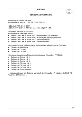 40
ANEXO - V
LEGISLAÇÃO PERTINENTE
- Constituição Federal de 1988
em especial os artigos: 1º; 18; 23; 25; 29; 30 e 211.
- LDB, Lei nº 11.494 de 2007.
- LDB, Lei nº 9.394 de 1996 em especial o artigo 11 e 18.
- Conselho Nacional de Educação
em especial os pareceres abaixo:
• Parecer CNE/CEB nº 30 de 2000 – Sistema Municipal de Ensino;
• Parecer CNE/CEB nº 26 de 2004 – Autorização de Educação Infantil;
• Parecer CNE/CEB nº 32 de 2002 – Reconhecimento;
• Parecer CNE/CEB nº 90 de 1998 – credenciamento;
- Programa Nacional de Capacitação de Conselheiros Municipais de Educação:
• Caderno de Referência;
• Caderno de Consulta;
• Caderno de Oficinas.
- Programa de Apoio aos Dirigentes Municipais de Educação – PRADIME:
• Caderno de Textos, vol. 1;
• Caderno de Textos, vol. 2;
• Caderno de Textos, vol. 3;
• Caderno de Oficinas, vol. 1;
• Caderno de Oficinas, vol. 2;
• Caderno de Oficinas, vol. 3;
• Caderno de Transparências.
- Institucionalização do Sistema Municipal de Educação (4ª edição), UNDIME-TO –
Tocantins 2006 (mimeo).
CME
SME
 