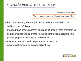 Chamamento aos políticos/responsables
● Pedir aos nosos gobernos que den prioridade á educación nas
políticas e as prácticas.
● Presionar aos nosos gobernos para que asuman o firme compromiso
de proporcionar ensino primario gratuito para todos, especialmente
para os grupos vulnerables ou marxinados
● Alentar ao sector privado a que invista recursos no
desarrenvolvemento de centros educativos
Que podemos facer?
2. CAMPAÑA MUNDIAL POLA EDUCACIÓN
 