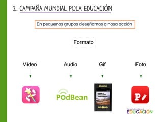 2. CAMPAÑA MUNDIAL POLA EDUCACIÓN
En pequenos grupos deseñamos a nosa acción
Formato
Vídeo Audio Gif Foto
 