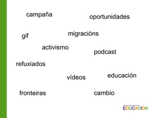 gif
podcast
vídeos
campaña
fronteiras
educación
migracións
refuxiados
oportunidades
activismo
cambio
 