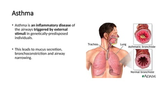 Asthma
• Asthma is an inflammatory disease of
the airways triggered by external
stimuli in genetically-predisposed
individuals.
• This leads to mucus secretion,
bronchoconstriction and airway
narrowing.
 