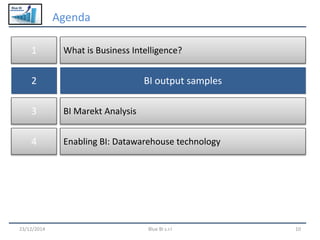 Blue BI
Agenda
23/12/2014 Blue BI s.r.l 10
What is Business Intelligence?1
BI Market Analysis3
Enabling BI: Datawarehouse technology4
BI output samples2
 
