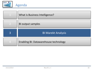 Blue BI
Agenda
23/12/2014 Blue BI s.r.l 18
What is Business Intelligence?1
BI Market Analysis3
Enabling BI: Datawarehouse technology4
BI output samples2
 