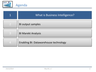 Blue BI
Agenda
23/12/2014 Blue BI s.r.l 2
What is Business Intelligence?1
BI Market Analysis3
Enabling BI: Datawarehouse technology4
BI output samples2
 