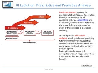 Blue BI
BI Evolution: Prescriptive and Predictive Analysis
Blue BI s.r.l
Fonte: Wikipedia
Predictive analytics answers the
question what will happen. This is when
historical performance data is
combined with rules, algorithms, and
occasionally external data to determine
the probable future outcome of an
event or the likelihood of a situation
occurring.
The final phase is prescriptive
analytics, which goes beyond predicting
future outcomes by also suggesting
actions to benefit from the predictions
and showing the implications of each
decision option.
Prescriptive analytics not only
anticipates what will happen and when
it will happen, but also why it will
happen.
 