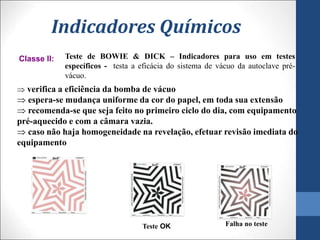 Indicadores Químicos
Teste de BOWIE & DICK – Indicadores para uso em testes
específicos - testa a eficácia do sistema de vácuo da autoclave pré-
vácuo.
Classe II:
 verifica a eficiência da bomba de vácuo
 espera-se mudança uniforme da cor do papel, em toda sua extensão
 recomenda-se que seja feito no primeiro ciclo do dia, com equipamento
pré-aquecido e com a câmara vazia.
 caso não haja homogeneidade na revelação, efetuar revisão imediata do
equipamento
Teste OK Falha no teste
 