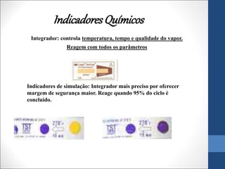 IndicadoresQuímicos
Integrador: controla temperatura, tempo e qualidade do vapor.
Reagem com todos os parâmetros
Indicadores de simulação: Integrador mais preciso por oferecer
margem de segurança maior. Reage quando 95% do ciclo é
concluído.
 