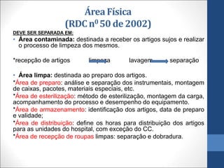 DEVE SER SEPARADA EM:
• Área contaminada: destinada a receber os artigos sujos e realizar
o processo de limpeza dos mesmos.
*recepção de artigos limpeza lavagem separação
• Área limpa: destinada ao preparo dos artigos.
*Área de preparo: análise e separação dos instrumentais, montagem
de caixas, pacotes, materiais especiais, etc.
*Área de esterilização: método de esterilização, montagem da carga,
acompanhamento do processo e desempenho do equipamento.
*Área de armazenamento: identificação dos artigos, data de preparo
e validade;
*Área de distribuição: define os horas para distribuição dos artigos
para as unidades do hospital, com exceção do CC.
*Área de recepção de roupas limpas: separação e dobradura.
Área Física
(RDCn0 50 de 2002)
 