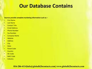 Our Database Contains
Sources provide complete marketing information such as –
• First Name
• Last Name
• Contact Title
• Email Address
• Phone Number
• Fax Number
• Company Name
• Website
• Address
• City
• State
• Postal Code
• Country
• SIC Code
• NAIC Code
• Industry
816-286-4114|info@globalb2bcontacts.com| www.globalb2bcontacts.com
 