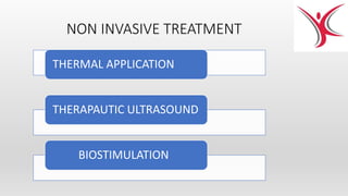 NON INVASIVE TREATMENT
THERMAL APPLICATION
THERAPAUTIC ULTRASOUND
BIOSTIMULATION
 