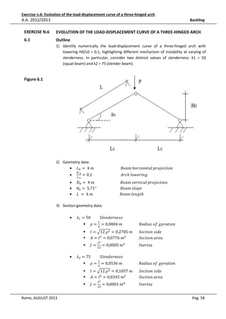 Exercise n.6: Evolution of the load-displacement curve of a three-hinged arch

A.A. 2012/2013

Buckling

EXERCISE N.6

e
EVOLUTION OF THE LOAD-DISPLACEMENT CURVE OF A THREE-HINGED ARCH

6.1

Outline
1) Identify numerically the load-displacement curve of a three-hinged arch with
lowering H0/L0 = 0.1, highlighting different mechanism of instability at varying of
slenderness. In particular, consider two distinct values of slenderness: λ1 = 50
(squat beam) and λ2 = 75 (slender beam).

Figure 6.1

2) Geometry data:
• ‫ܮ‬଴ = 	4	݉																													‫	݉ܽ݁ܤ‬ℎ‫݊݋݅ݐ݆ܿ݁݋ݎ݌	݈ܽݐ݊݋ݖ݅ݎ݋‬
•

•
•
•

ு	బ
௅	బ

= 0,1																															‫ܿݎܣ‬ℎ	݈‫݃݊݅ݎ݁ݓ݋‬

‫ܪ‬଴ = 	4	݉																												‫݊݋݅ݐ݆ܿ݁݋ݎ݌	݈ܽܿ݅ݐݎ݁ݒ	݉ܽ݁ܤ‬
ߠ଴ = 	5,71°																										‫݁݌݋݈ݏ	݉ܽ݁ܤ‬
‫ݐ݈݃݊݁	݉ܽ݁ܤ																													݉	4	 = 	ܮ‬ℎ

3) Section geometry data:
•

ߣଵ = 50										݈ܵ݁݊݀݁‫ݏݏ݁݊ݎ‬

ߩ = ఒ = 0,0804	݉																		ܴܽ݀݅‫݊݋݅ݐܽݎݕ݃	݂݋	ݏݑ‬
௅

݈ = ඥ12	ߩଶ = 0,2785	݉							ܵ݁ܿ‫݁݀݅ݏ	݊݋݅ݐ‬
‫ ݈ = ܣ‬ଶ = 0,0776	݉ଶ 														ܵ݁ܿ‫ܽ݁ݎܽ	݊݋݅ݐ‬

‫=ܬ‬
•

௟ర
ଵଶ

= 0,0005	݉ସ 															‫ܽ݅ݐݎ݁݊ܫ‬

ߣଶ = 75										݈ܵ݁݊݀݁‫ݏݏ݁݊ݎ‬

ߩ = ఒ = 0,0536	݉																		ܴܽ݀݅‫݊݋݅ݐܽݎݕ݃	݂݋	ݏݑ‬
௅

݈ = ඥ12	ߩଶ = 0,1857	݉							ܵ݁ܿ‫݁݀݅ݏ	݊݋݅ݐ‬
‫ ݈ = ܣ‬ଶ = 0,0345	݉ଶ 														ܵ݁ܿ‫ܽ݁ݎܽ	݊݋݅ݐ‬
‫ = ܬ‬ଵଶ = 0,0001	݉ସ 															‫ܽ݅ݐݎ݁݊ܫ‬
௟ర

Rome, AUGUST 2013

Pag. 58

 