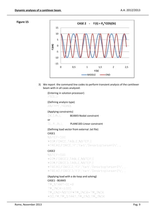 A.A. 2012/2013

Dynamic analyses of a cantilever beam

Figure 15

CASE 2 -

f (t) = P0*COS(Ωt)

15
10

f (kN)

5
0
-5
-10
-15
0

0,5

1

1,5

2

2,5

t (s)
MIDDLE

END

3) We report the command line codes to perform transient analysis of the cantilever
beam with in all cases analyzed:
(Entering in solution processor)
/SOLU
(Defining analysis type)
ANTYPE,TRANS
(Applying constraints)
DK,1,ALL
BEAM3-Nodal constraint
or
DL,4,,ALL
PLANE183-Linear constraint
(Defining load vector from external .txt file)
CASE1
NSTEP=500
*DIM,FORCE,TABLE,NSTEP,1
*TREAD,FORCE,'f','txt','Desktopeser1', ,
CASE2
NSTEP=500
*DIM,FORCE2,TABLE,NSTEP,1
*DIM,FORCE3,TABLE,NSTEP,1
*TREAD,FORCE2,'f2','txt','Desktopeser2', ,
*TREAD,FORCE3,'f3','txt','Desktopeser2', ,
(Applying load with a do-loop and solving)
CASE1 - BEAM3
TM_START=1E-8
TM_INCR=0.005
TM_END=NSTEP*TM_INCR-TM_INCR
*DO,TM,TM_START,TM_END,TM_INCR
Rome, November 2013

Pag. 9

 
