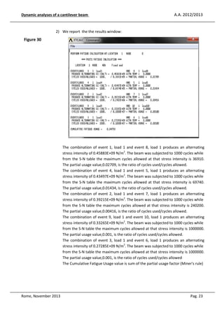 Dynamic analyses of a cantilever be
eam

A.A. 2012/2013

2) We report the the results window:

Figure 30

The combin
ination of event 1, load 1 and event 8, load 1 produces an alternating
stress inten
nsity of 0.45883E+09 N/m2. The beam was subjec
cted to 1000 cycles while
from the S-N table the maximum cycles allowed at that stress intensity is 36910.
S
s
The partial usage value,0.02709, is the ratio of cycles used/c
al
/cycles allowed.
The combin
ination of event 4, load 1 and event 5, load 1 produces an alternating
stress inten
nsity of 0.43497E+09 N/m2. The beam was subjec
cted to 1000 cycles while
from the S-N table the maximum cycles allowed at that stress intensity is 69740.
S
s
The partial usage value,0.01434, is the ratio of cycles used/c
al
/cycles allowed.
The combin
ination of event 2, load 1 and event 7, load 1 produces an alternating
stress inten
nsity of 0.39215E+09 N/m2. The beam was subjec
cted to 1000 cycles while
from the S- table the maximum cycles allowed at that st
-N
tress intensity is 240200.
The partial usage value,0.00416, is the ratio of cycles used/c
al
/cycles allowed.
The combin
ination of event 9, load 1 and event 10, load 1 produces an alternating
stress inten
nsity of 0.33265E+09 N/m2. The beam was subjec
cted to 1000 cycles while
from the S- table the maximum cycles allowed at that str
-N
ress intensity is 1000000.
The partial usage value,0.001, is the ratio of cycles used/cyc allowed.
al
cles
The combin
ination of event 3, load 1 and event 6, load 1 produces an alternating
stress inten
nsity of 0.27285E+09 N/m2. The beam was subjec
cted to 1000 cycles while
from the S- table the maximum cycles allowed at that str
-N
ress intensity is 1000000.
The partial usage value,0.001, is the ratio of cycles used/cyc allowed
al
cles
The Cumulat Fatigue Usage value is sum of the partial us
lative
sage factor (Miner's rule)

Rome, November 2013

Pag. 23

 