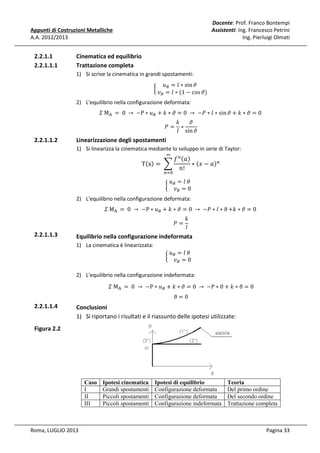 Docente: Prof. Franco Bontempi
Assistenti: Ing. Francesco Petrini
Ing. Pierluigi Olmati

Appunti di Costruzioni Metalliche
A.A. 2012/2013

2.2.1.1
2.2.1.1.1

Cinematica ed equilibrio
Trattazione completa
1) Si scrive la cinematica in grandi spostamenti:

	‫ݑ‬஻ = ݈ ∗ sin ߴ				
								
൜
	‫ݒ‬஻ = ݈ ∗ (1 − cos ߴ)

2) L'equilibrio nella configurazione deformata:

ߑ	M୅ 	 = 	0	 → 	 −P ∗ ‫ݑ‬஻ + ݇ ∗ ߴ = 0	 → 	 −ܲ ∗ ݈ ∗ sin ߴ + ݇ ∗ ߴ = 0	

2.2.1.1.2

ܲ=

Linearizzazione degli spostamenti

݇
ߴ
∗
݈ sin ߴ

1) Si linearizza la cinematica mediante lo sviluppo in serie di Taylor:

݂ ௡ ሺܽሻ
Tሺxሻ = 	 ෍
∗ ሺ‫ܽ − ݔ‬ሻ௡ 							
݊!
∞

	‫				ߠ	݈ = ݑ‬
								
൜ ஻
	‫ݒ‬஻ = 0

௡ୀ଴

2) L'equilibrio nella configurazione deformata:

ߑ	M୅ 	 = 	0	 → 	 −P ∗ ‫ݑ‬஻ + ݇ ∗ ߴ = 0	 → 	 −ܲ ∗ ݈ ∗ ϑ +݇ ∗ ߴ = 0	

2.2.1.1.3

ܲ=

݇
݈

Equilibrio nella configurazione indeformata
1) La cinematica è linearizzata:

	‫				ߠ	݈ = ݑ‬
								
൜ ஻
	‫ݒ‬஻ = 0

2) L'equilibrio nella configurazione indeformata:

ߑ	M୅ 	 = 	0	 → 	 −P ∗ ‫ݑ‬஻ + ݇ ∗ ߴ = 0	 → 	 −P ∗ 0 + ݇ ∗ ϑ = 0
ϑ=0

2.2.1.1.4

Conclusioni
1) Si riportano i risultati e il riassunto delle ipotesi utilizzate:

Figura 2.2

Caso
I
II
III

Roma, LUGLIO 2013

Ipotesi cinematica
Grandi spostamenti
Piccoli spostamenti
Piccoli spostamenti

Ipotesi di equilibrio
Configurazione deformata
Configurazione deformata
Configurazione indeformata

Teoria
Del primo ordine
Del secondo ordine
Trattazione completa

Pagina 33

 