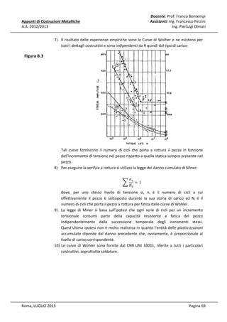 Docente: Prof. Franco Bontempi
Assistenti: Ing. Francesco Petrini
Ing. Pierluigi Olmati

Appunti di Costruzioni Metalliche
A.A. 2012/2013

7) Il risultato delle esperienze empiriche sono le Curve di Wolher e ne esistono per
tutti i dettagli costruttivi e sono indipendenti da R quindi dal tipo di carico:

Figura B.3

Tali curve forniscono il numero di cicli che porta a rottura il pezzo in funzione
dell'incremento di tensione nel pezzo rispetto a quella statica sempre presente nel
pezzo.
8) Per eseguire la verifica a rottura si utilizza la legge del danno cumulato di Miner:
෍

݊௜
=1
ܰ଴

dove, per uno stesso livello di tensione σi, ni è il numero di cicli a cui
effettivamente il pezzo è sottoposto durante la sua storia di carico ed Ni è il
numero di cicli che porta il pezzo a rottura per fatica dalle curve di Wohler.
9) La legge di Miner si basa sull'ipotesi che ogni serie di cicli per un incremento
tensionale consumi parte della capacità resistente a fatica del pezzo
indipendentemente dalla successione temporale degli incrementi stessi.
Quest'ultima ipotesi non è molto realistica in quanto l'entità delle plasticizzazioni
accumulate dipende dal danno precedente che, ovviamente, è proporzionale al
livello di carico corrispondente.
10) Le curve di Wohler sono fornite dal CNR-UNI 10011, riferite a tutti i particolari
costruttivi, soprattutto saldature.

Roma, LUGLIO 2013

Pagina 69

 