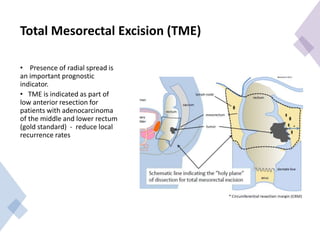 Total Mesorectal Excision (TME)
• Presence of radial spread is
an important prognostic
indicator.
• TME is indicated as part of
low anterior resection for
patients with adenocarcinoma
of the middle and lower rectum
(gold standard) - reduce local
recurrence rates
 