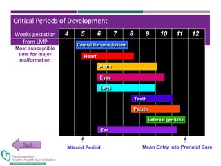 Critical Periods of Development
Weeks gestation
from LMP
Central Nervous System
Central Nervous System
Heart
Heart
Arms
Arms
Eyes
Eyes
Legs
Legs
Teeth
Teeth
Palate
Palate
External genitalia
External genitalia
Ear
Ear
Missed Period Mean Entry into Prenatal Care
Weeks gestation
from LMP
Most susceptible
time for major
malformation
4 5 6 7 8 9 10 11 12
 