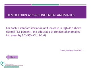 HEMOGLOBIN A1C & CONGENITAL ANOMALIES
For each 1 standard deviation unit increase in Hgb A1c above
normal (5.5 percent), the odds ratio of congenital anomalies
increases by 1.2 (95% CI 1.1-1.4)
Guerin, Diabetes Care 2007
 