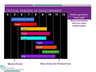 Central Nervous System
Central Nervous System
Heart
Heart
Arms
Arms
Eyes
Eyes
Legs
Legs
Teeth
Teeth
Palate
Palate
External genitalia
External genitalia
Ear
Ear
Missed Period Mean Entry into Prenatal Care
4 5 6 7 8 9 10 11 12
CRITICAL PERIODS OF DEVELOPMENT
 