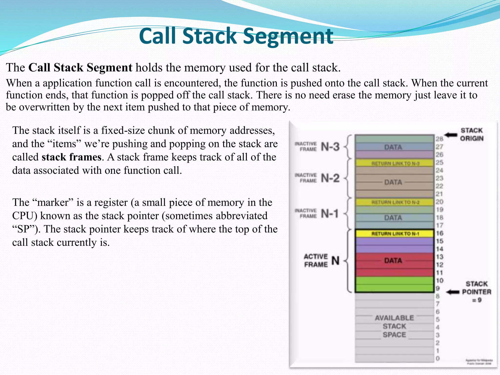 Call Stack Segment
The Call Stack Segment holds the memory used for the call stack.
When a application function call is encountered, the function is pushed onto the call stack. When the current
function ends, that function is popped off the call stack. There is no need erase the memory just leave it to
be overwritten by the next item pushed to that piece of memory.
The stack itself is a fixed-size chunk of memory addresses,
and the “items” we’re pushing and popping on the stack are
called stack frames. A stack frame keeps track of all of the
data associated with one function call.
The “marker” is a register (a small piece of memory in the
CPU) known as the stack pointer (sometimes abbreviated
“SP”). The stack pointer keeps track of where the top of the
call stack currently is.
 